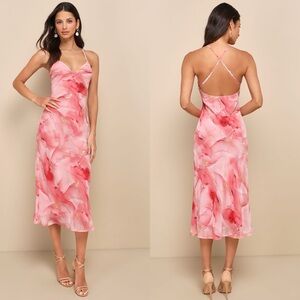 NWOT Lulu’s Bright Charm Pink Abstract Print Chiffon Slip Midi Dress Medium
